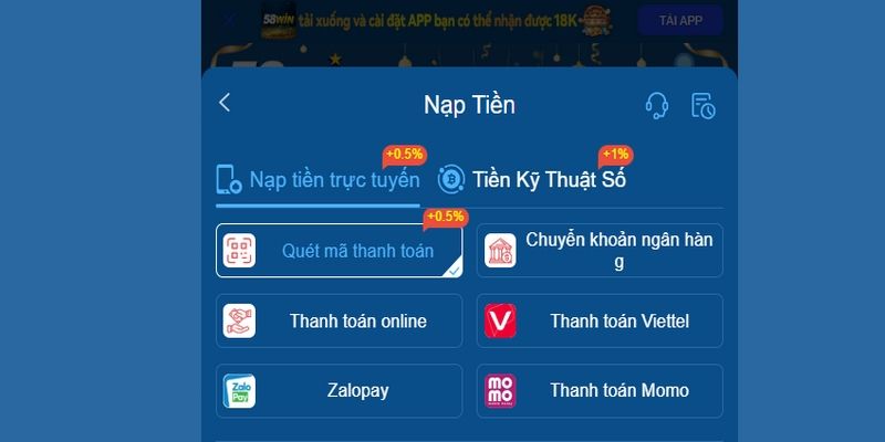 Điều kiện để nạp tiền vào tài khoản 58Win thành công